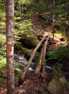 A minor water crossing a mile or so south of the Kennebec across three logs suspended in the air; two serve as handholds while a hiker walks across the third