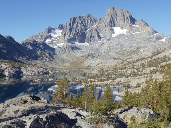 Mount Ritter and Banner Peak, seen over the rocky shore of Garnet Lake