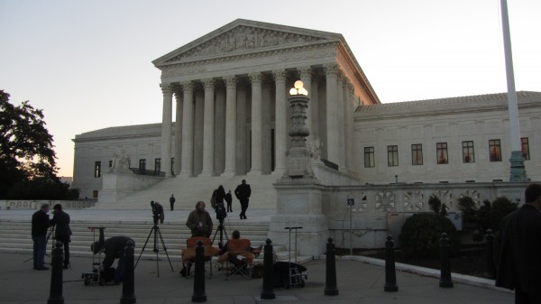 Early morning camera crews in front of the Court building