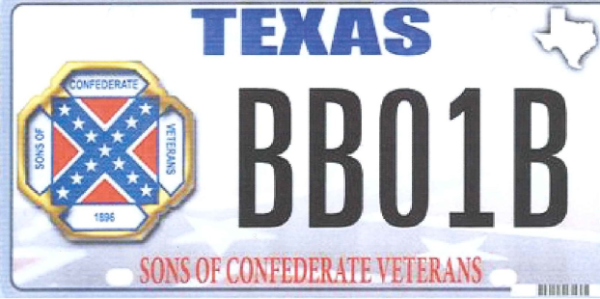 A Texas license plate with the Texas Sons of Confederate Veterans logo on the left side, prominently including a Confederate flag