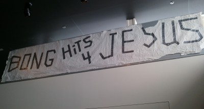 A banner reading "BONG HiTS 4 JESUS", displayed by Joseph Frederick and ultimately leading to the school speech case of Morse v. Frederick